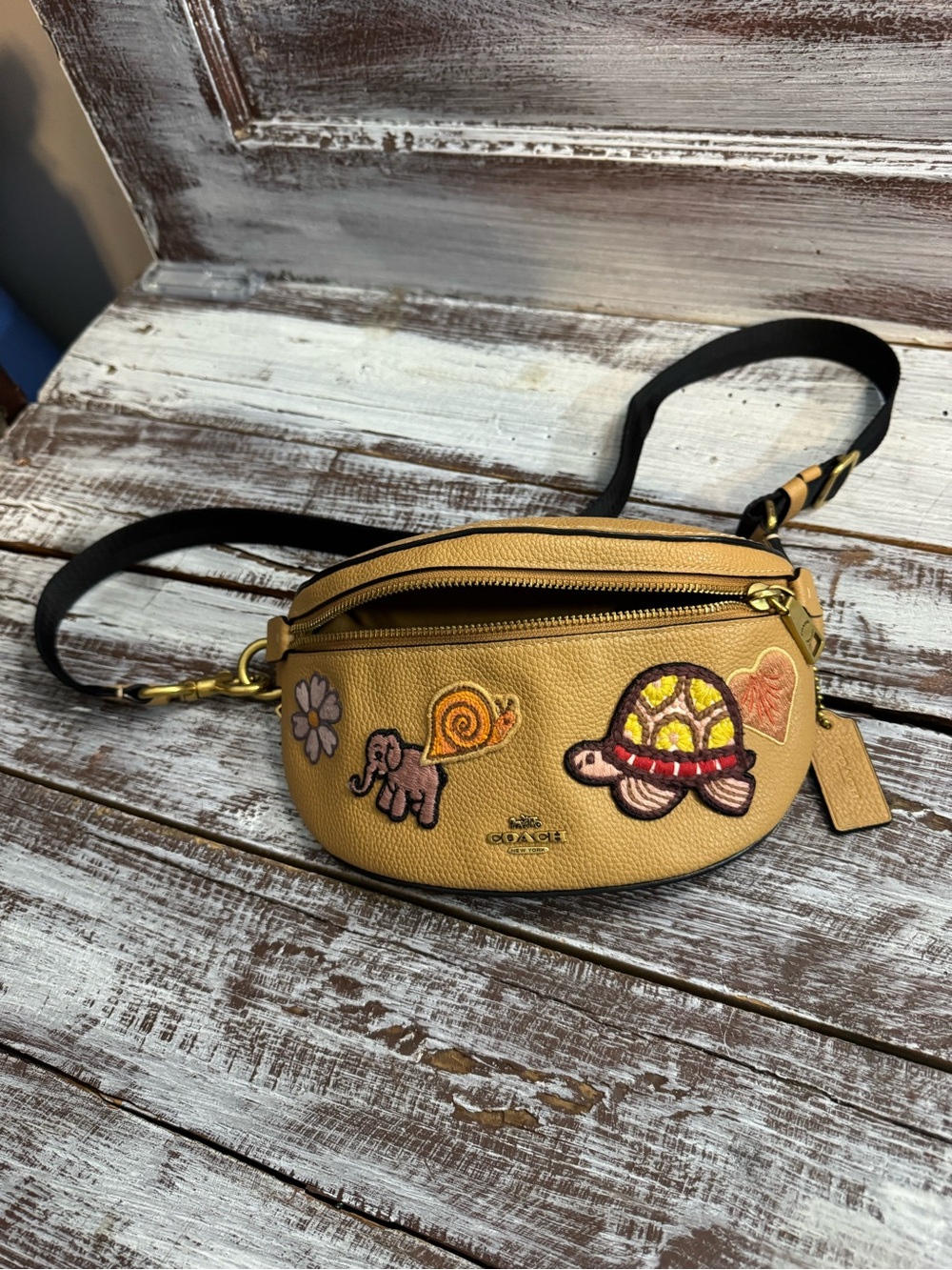 Coach Tan Leather Crossbody Belt Bag with Colorful Animal Patches